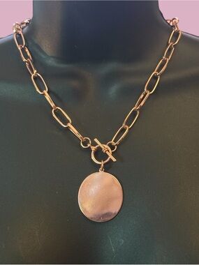 Rose gold paper clip link disc pendant toggle necklace
